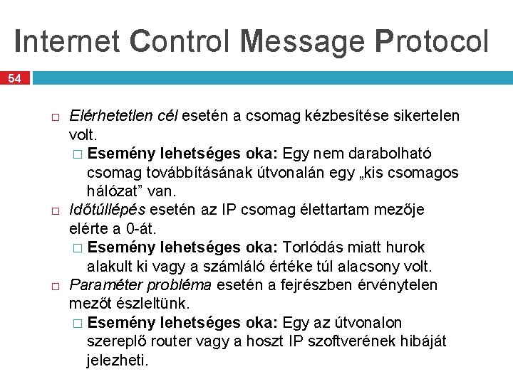 Internet Control Message Protocol 54 Elérhetetlen cél esetén a csomag kézbesítése sikertelen volt. �
