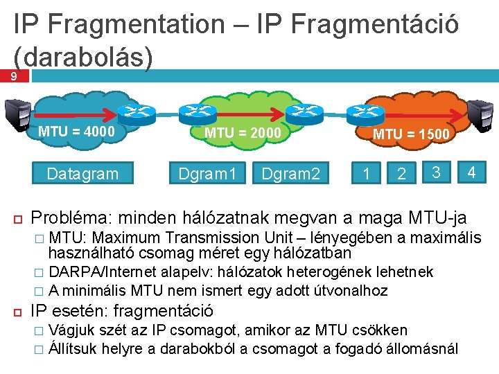 IP Fragmentation – IP Fragmentáció (darabolás) 9 MTU = 4000 Datagram MTU = 2000