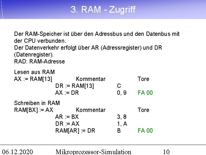 3. RAM - Zugriff Der RAM-Speicher ist über den Adressbus und den Datenbus mit
