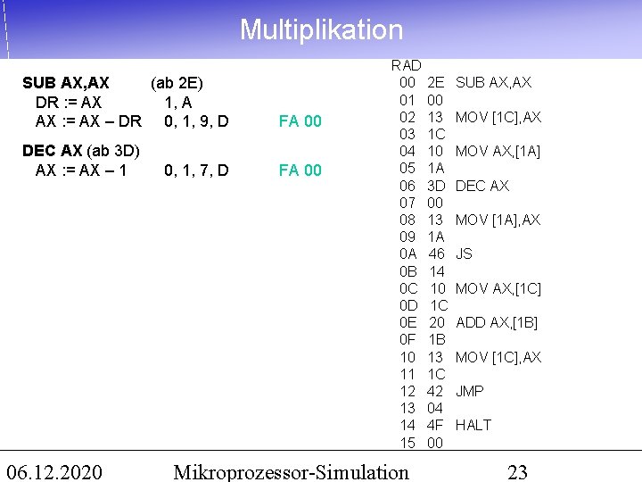 Multiplikation SUB AX, AX (ab 2 E) DR : = AX 1, A AX