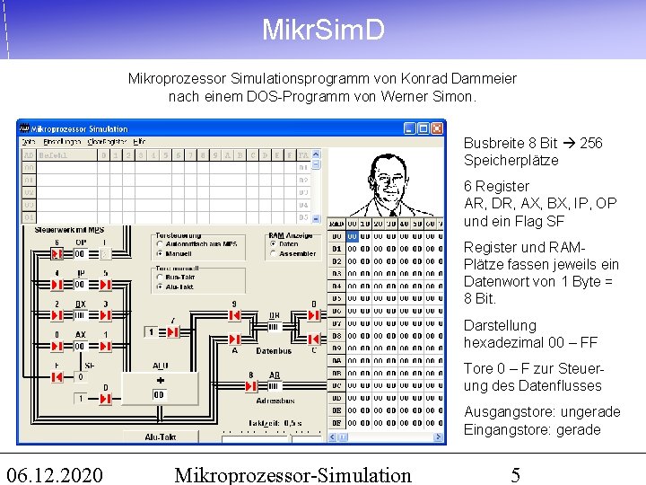 Mikr. Sim. D Mikroprozessor Simulationsprogramm von Konrad Dammeier nach einem DOS-Programm von Werner Simon.