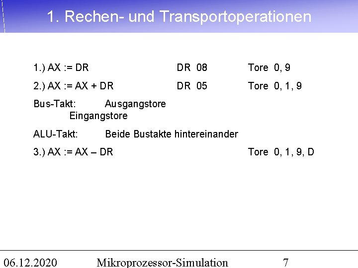 1. Rechen- und Transportoperationen 1. ) AX : = DR DR 08 Tore 0,