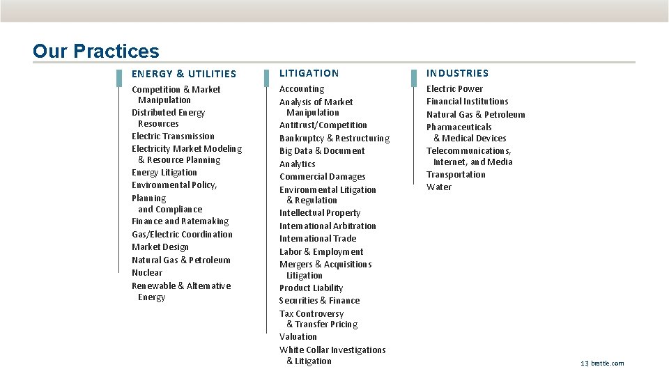 Our Practices ENERGY & UTILITIES LITIGATION INDUSTRIES Competition & Market Manipulation Distributed Energy Resources