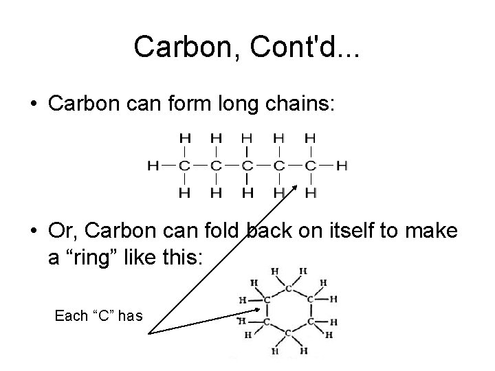 Carbon, Cont'd. . . • Carbon can form long chains: • Or, Carbon can