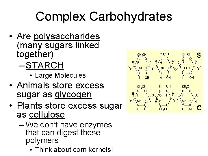 Complex Carbohydrates • Are polysaccharides (many sugars linked together) – STARCH • Large Molecules