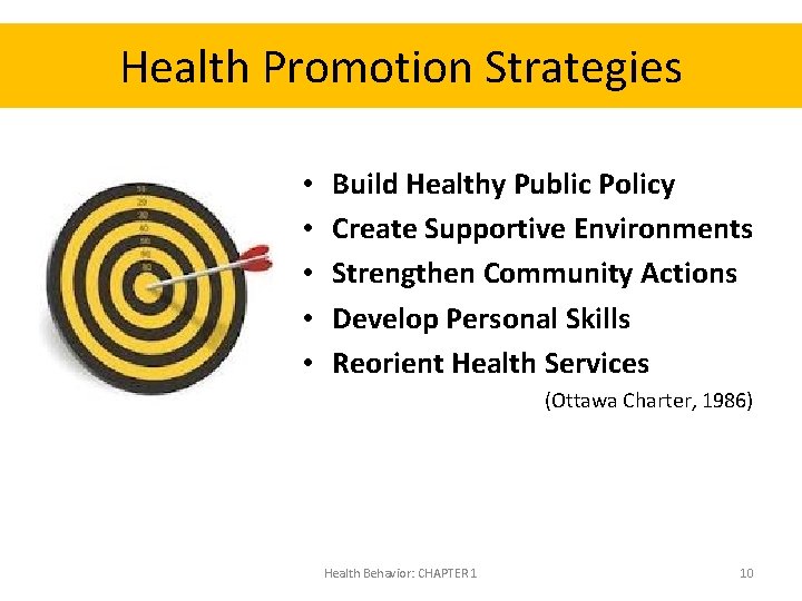 Health Promotion Strategies • • • Build Healthy Public Policy Create Supportive Environments Strengthen