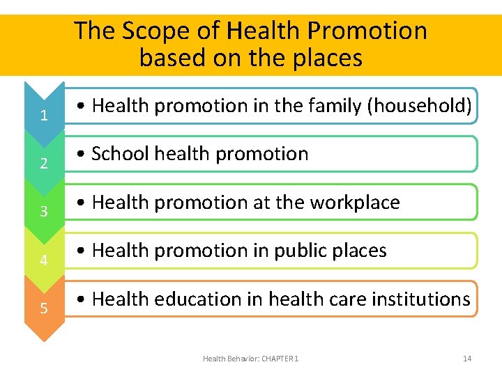 The Scope of Health Promotion based on the places 1 • Health promotion in