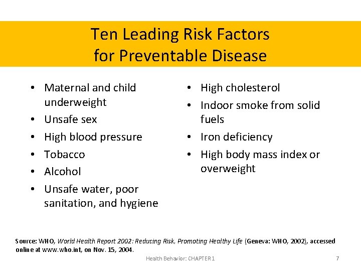 Ten Leading Risk Factors for Preventable Disease • Maternal and child underweight • Unsafe