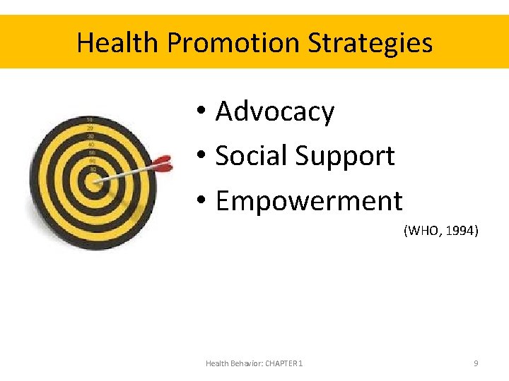 Health Promotion Strategies • Advocacy • Social Support • Empowerment (WHO, 1994) Health Behavior: