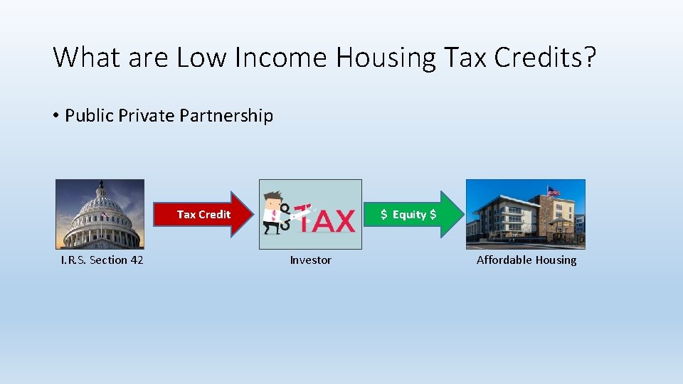 What are Low Income Housing Tax Credits? • Public Private Partnership Tax Credit I.