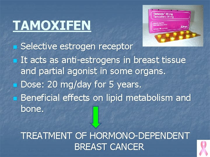 TAMOXIFEN n n Selective estrogen receptor It acts as anti-estrogens in breast tissue and
