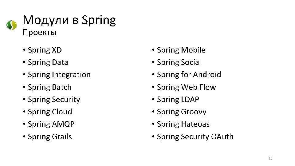 Модули в Spring Проекты • Spring XD • Spring Data • Spring Integration •