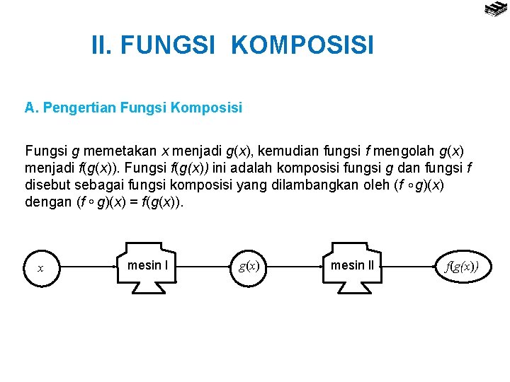 II. FUNGSI KOMPOSISI A. Pengertian Fungsi Komposisi Fungsi g memetakan x menjadi g(x), kemudian