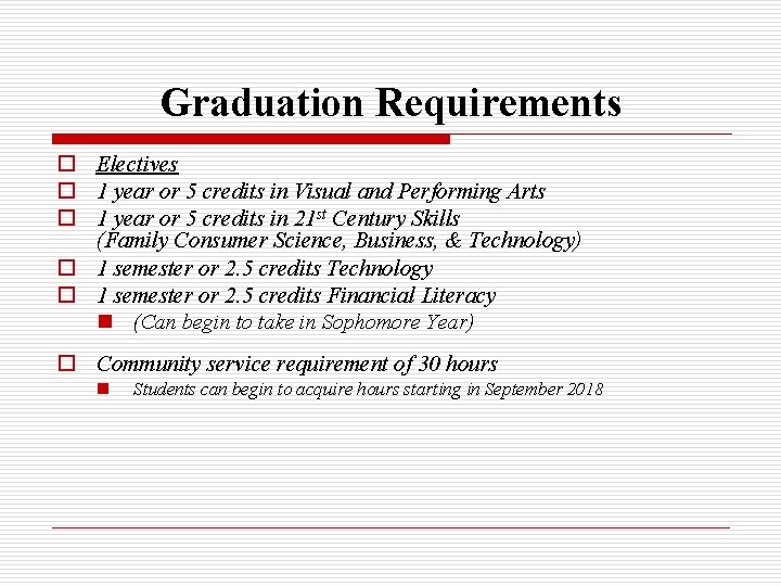 Graduation Requirements o Electives o 1 year or 5 credits in Visual and Performing