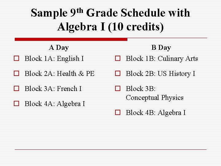 Sample 9 th Grade Schedule with Algebra I (10 credits) A Day B Day