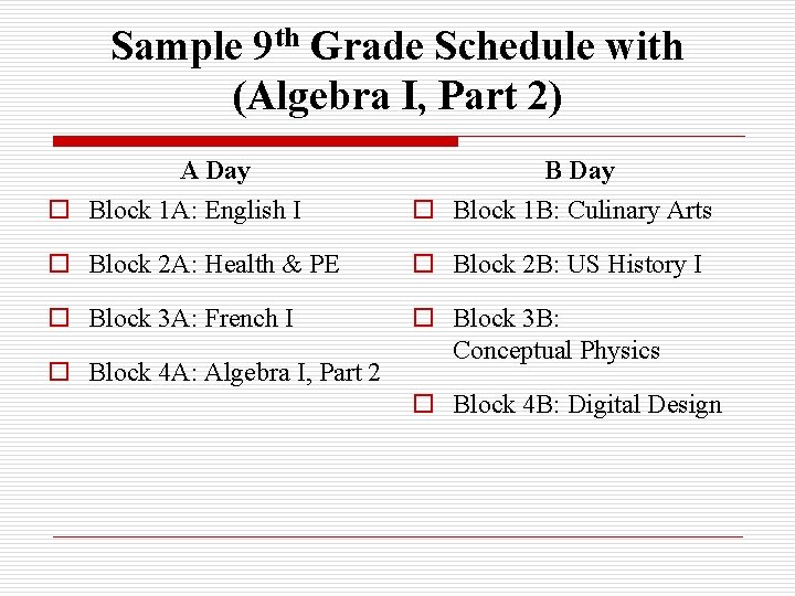 Sample 9 th Grade Schedule with (Algebra I, Part 2) A Day B Day