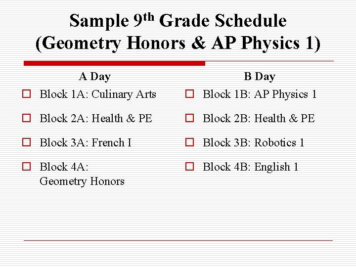 Sample 9 th Grade Schedule (Geometry Honors & AP Physics 1) A Day B