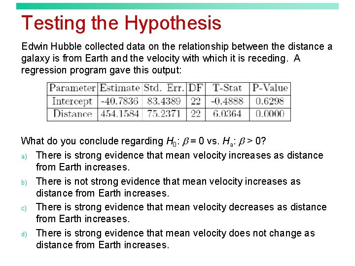 Testing the Hypothesis Edwin Hubble collected data on the relationship between the distance a