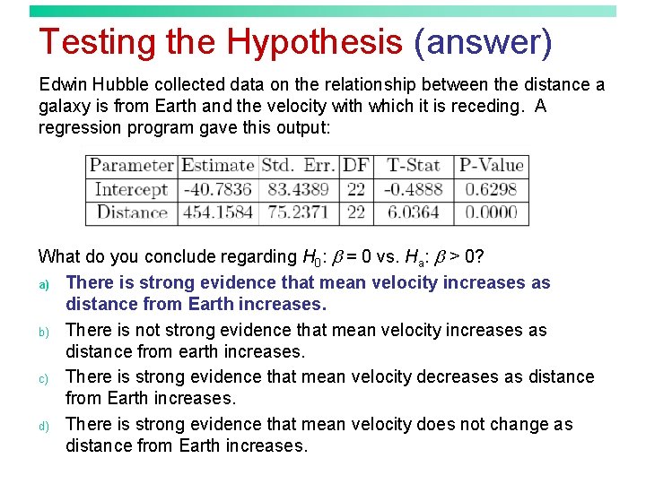 Testing the Hypothesis (answer) Edwin Hubble collected data on the relationship between the distance