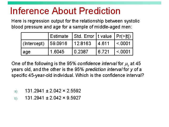 Inference About Prediction Here is regression output for the relationship between systolic blood pressure