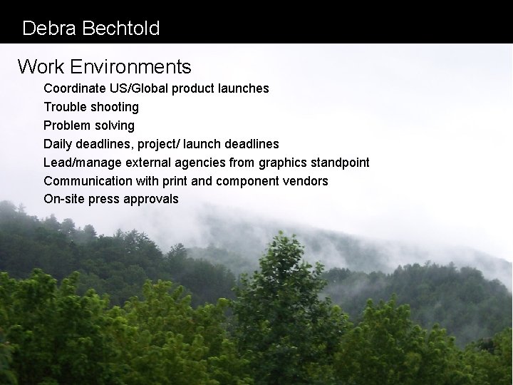 Debra Bechtold Work Environments Coordinate US/Global product launches Trouble shooting Problem solving Daily deadlines,