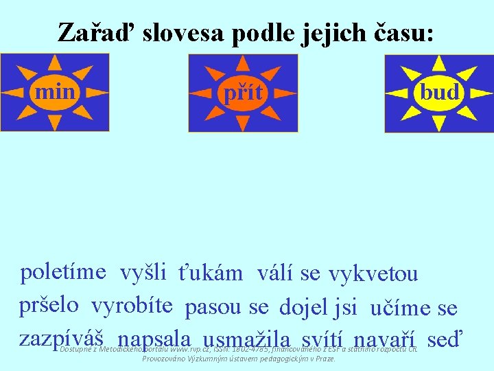 Zařaď slovesa podle jejich času: min přít bud poletíme vyšli ťukám válí se vykvetou