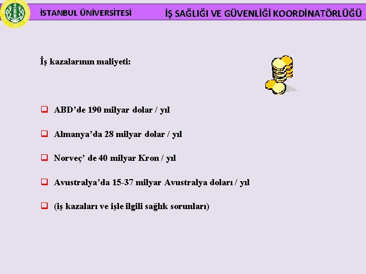  İSTANBUL ÜNİVERSİTESİ İŞ SAĞLIĞI VE GÜVENLİĞİ KOORDİNATÖRLÜĞÜ İş kazalarının maliyeti: q ABD’de 190