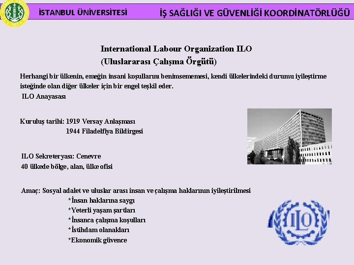  İSTANBUL ÜNİVERSİTESİ İŞ SAĞLIĞI VE GÜVENLİĞİ KOORDİNATÖRLÜĞÜ International Labour Organization ILO (Uluslararası Çalışma