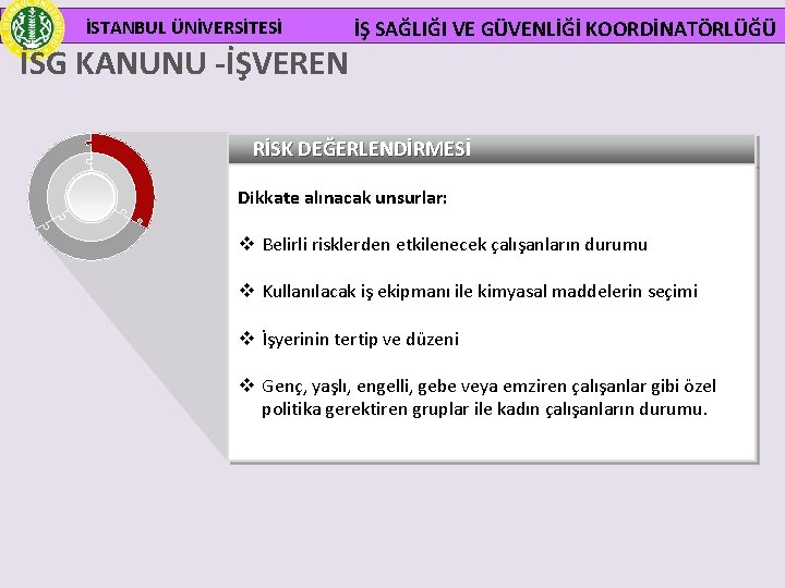  İSTANBUL ÜNİVERSİTESİ İSG KANUNU -İŞVEREN İŞ SAĞLIĞI VE GÜVENLİĞİ KOORDİNATÖRLÜĞÜ RİSK DEĞERLENDİRMESİ Dikkate