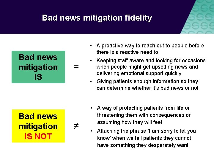 Bad news mitigation fidelity Bad news mitigation IS NOT = ≠ • A proactive