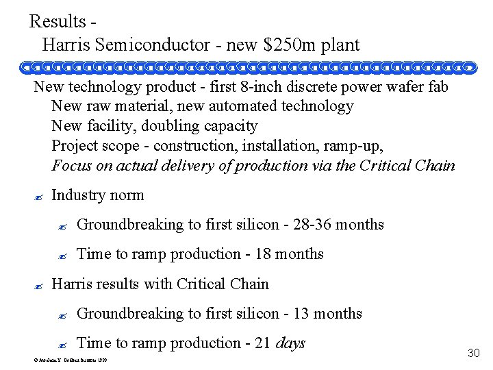 Results Harris Semiconductor - new $250 m plant New technology product - first 8