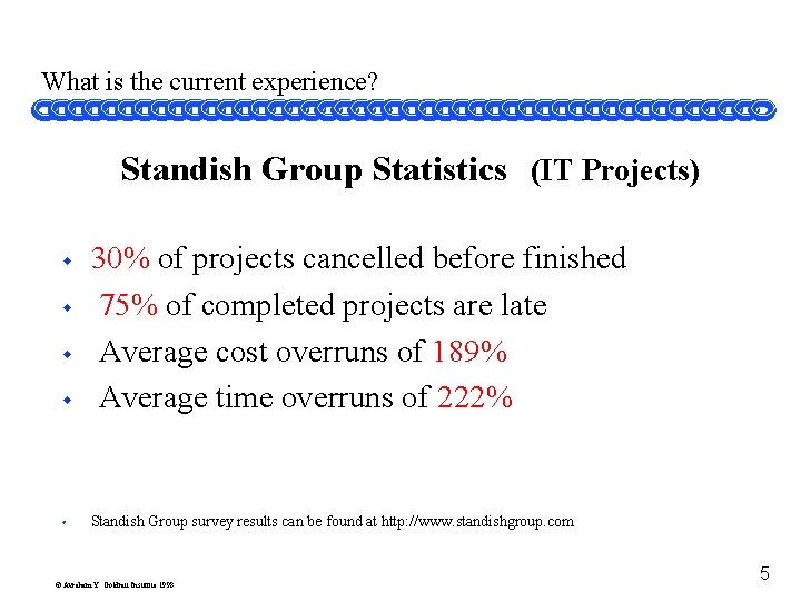 What is the current experience? Standish Group Statistics (IT Projects) w 30% of projects