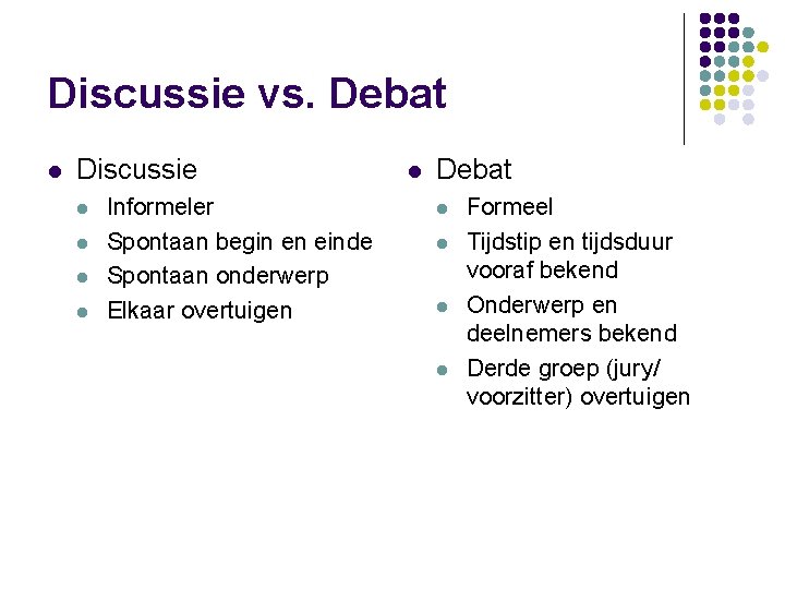 Discussie vs. Debat l Discussie l l Informeler Spontaan begin en einde Spontaan onderwerp