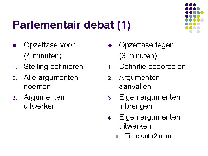 Parlementair debat (1) l 1. 2. 3. Opzetfase voor (4 minuten) Stelling definiëren Alle