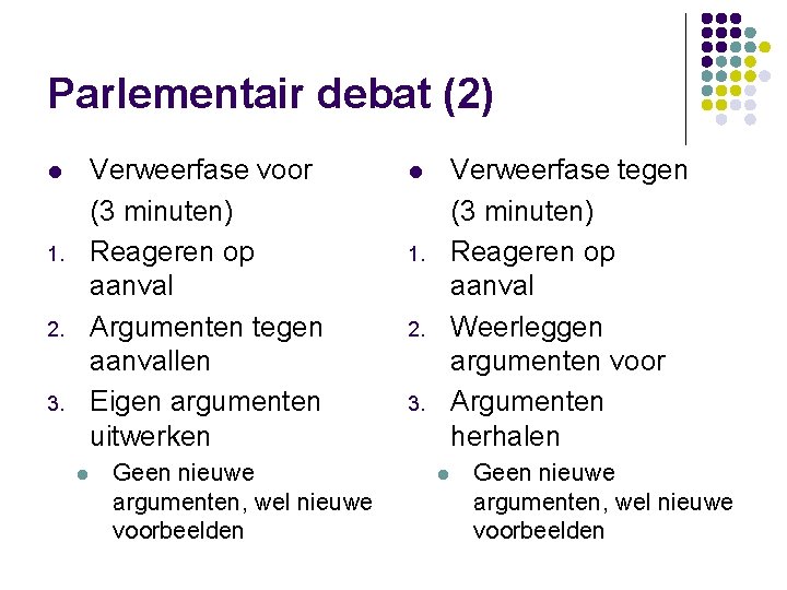 Parlementair debat (2) Verweerfase voor (3 minuten) Reageren op aanval Argumenten tegen aanvallen Eigen