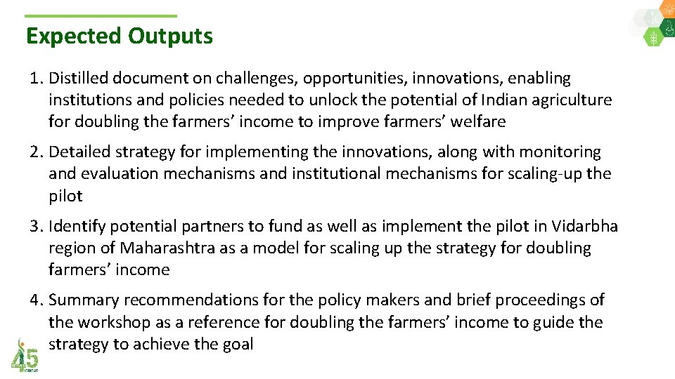 Expected Outputs 1. Distilled document on challenges, opportunities, innovations, enabling institutions and policies needed