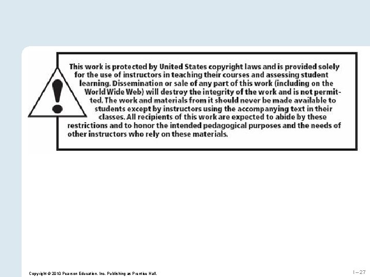 Copyright © 2010 Pearson Education, Inc. Publishing as Prentice Hall. I – 27 