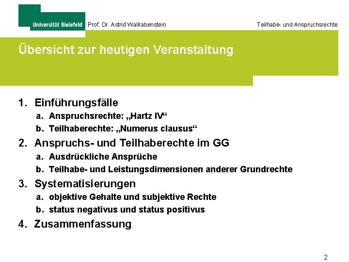 Prof. Dr. Astrid Wallrabenstein Teilhabe- und Anspruchsrechte Übersicht zur heutigen Veranstaltung 1. Einführungsfälle a.