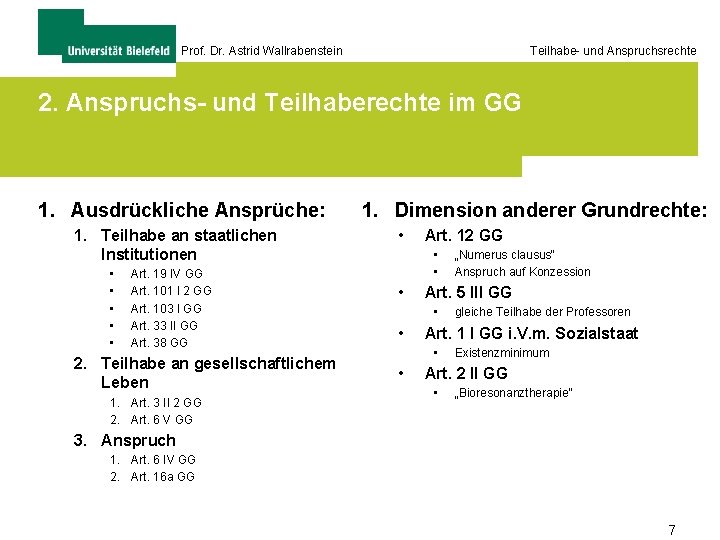 Prof. Dr. Astrid Wallrabenstein Teilhabe- und Anspruchsrechte 2. Anspruchs- und Teilhaberechte im GG 1.