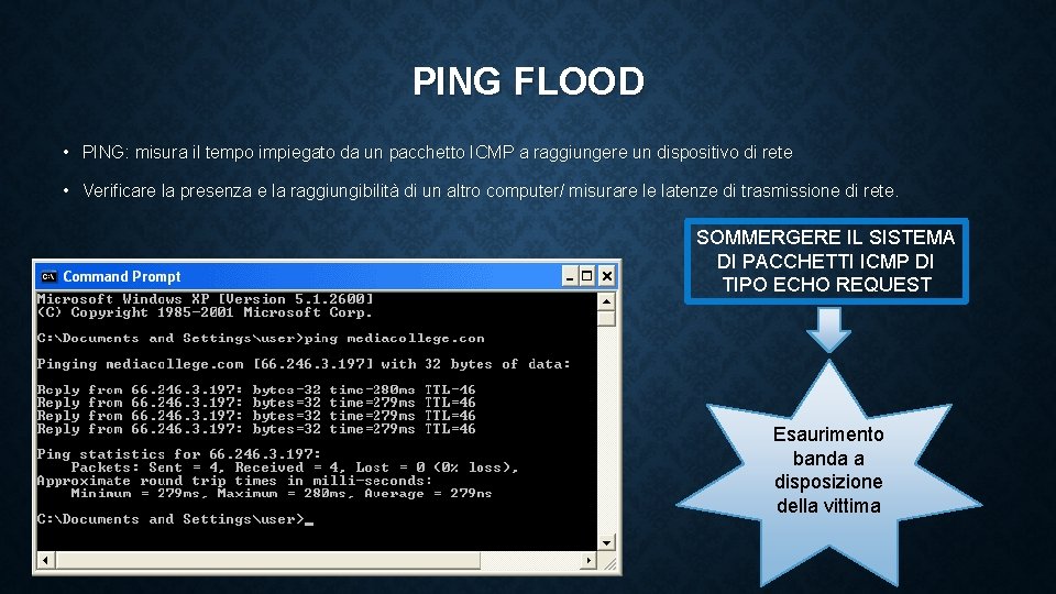 PING FLOOD • PING: misura il tempo impiegato da un pacchetto ICMP a raggiungere