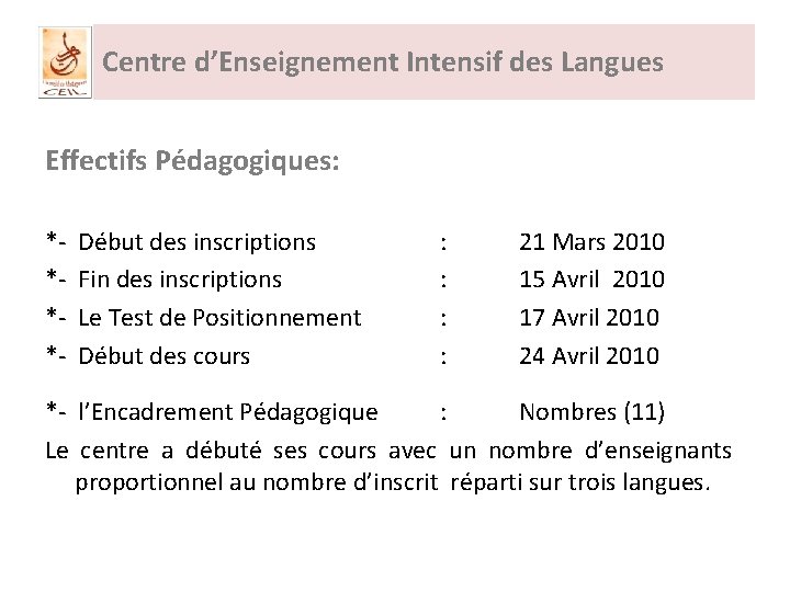 Centre d’Enseignement Intensif des Langues Effectifs Pédagogiques: ****- Début des inscriptions Fin des inscriptions