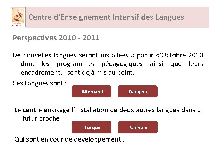 Centre d’Enseignement Intensif des Langues Perspectives 2010 - 2011 De nouvelles langues seront installées