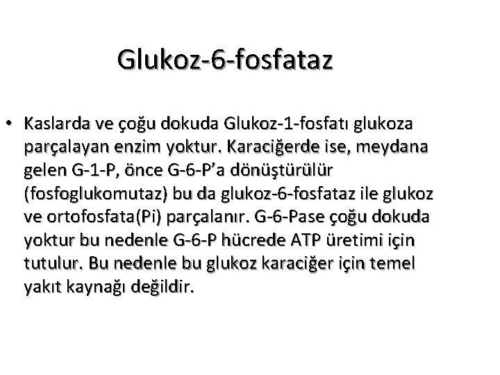 Glukoz-6 -fosfataz • Kaslarda ve çoğu dokuda Glukoz-1 -fosfatı glukoza parçalayan enzim yoktur. Karaciğerde