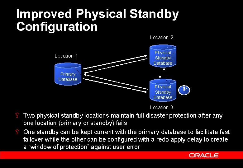 Improved Physical Standby Configuration Location 2 Location 1 Physical Standby Database Primary Database Physical