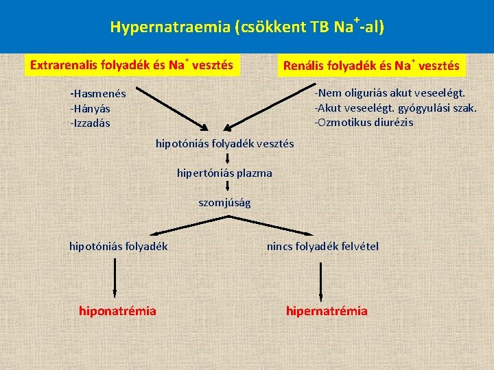 Hypernatraemia (csökkent TB Na+-al) Extrarenalis folyadék és Na+ vesztés Renális folyadék és Na+ vesztés