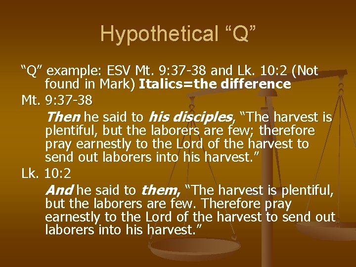Hypothetical “Q” example: ESV Mt. 9: 37 -38 and Lk. 10: 2 (Not found