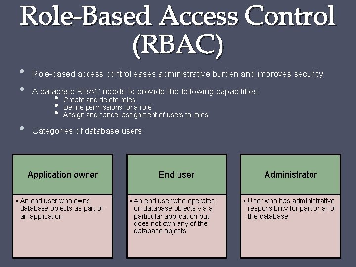 Role-Based Access Control (RBAC) • • • Role-based access control eases administrative burden and