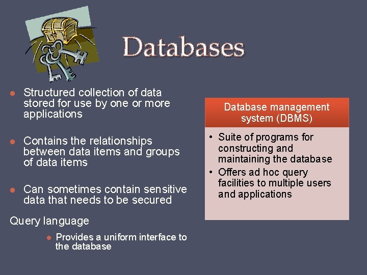 Databases Structured collection of data stored for use by one or more applications Contains