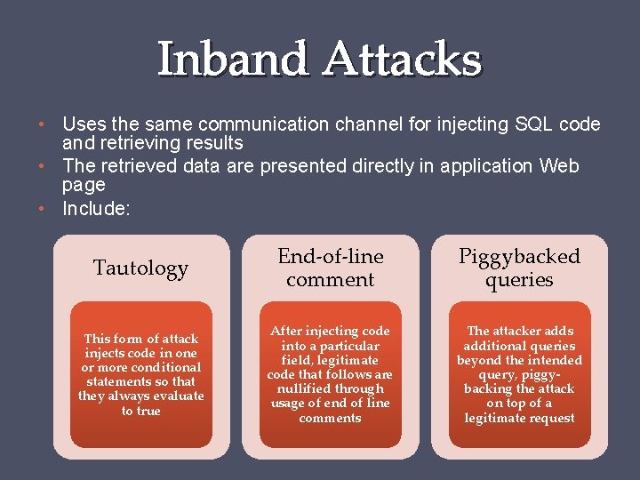 Inband Attacks • Uses the same communication channel for injecting SQL code and retrieving