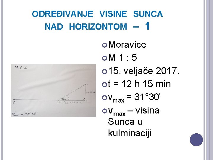 ODREĐIVANJE VISINE SUNCA NAD HORIZONTOM – 1 Moravice M 1: 5 15. veljače 2017.